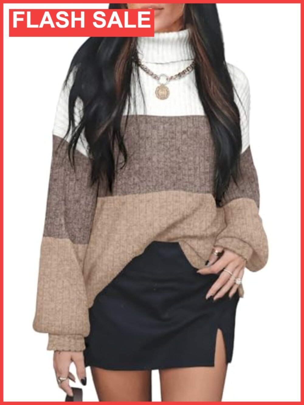 Turtleneck Oversized Sweater Women Long Sleeve Color Block Tunic